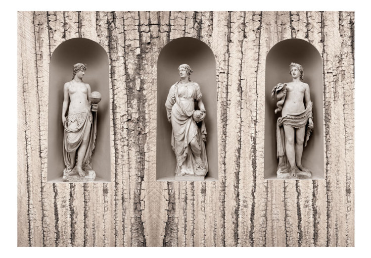 Carta da parati moderna Antica Grecia - tre statue di figure su sfondo di legno bianco crepato 61950 additionalImage 1