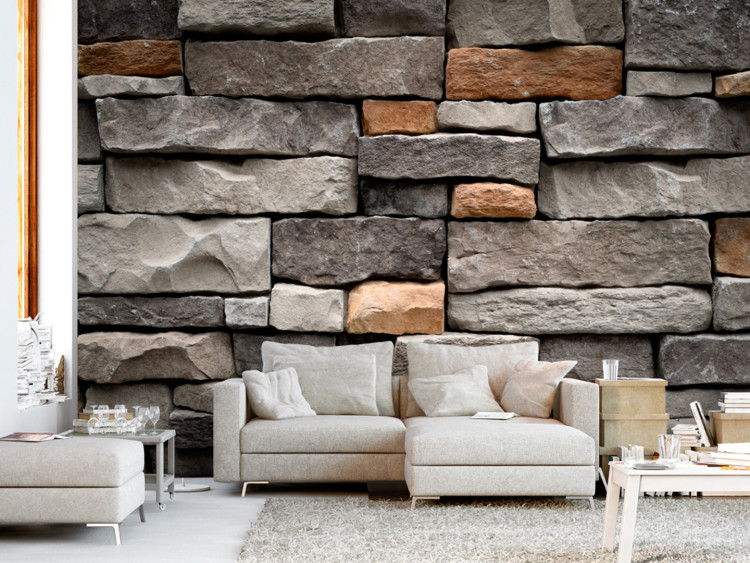 Wall Mural Stone fortress - textured grey and brown stone blocks