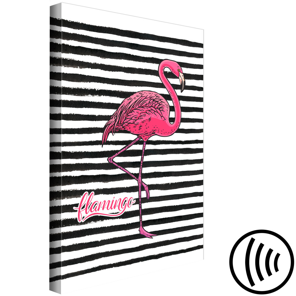 Schilderij  Vogels: Vogel Van Jeugd (1-delig) - Flamingo Tegen Een Achtergrond Van Zwart-witte Strepen