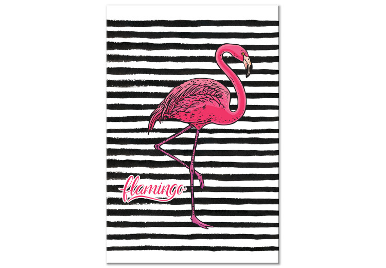 Canvastavla Ungdomens fågel (1-del) - flamingo mot en svartvit randig bakgrund