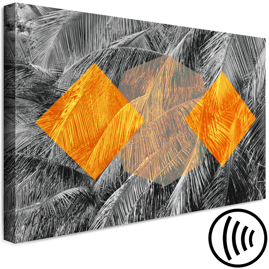 Obraz Palmy Z Geometrią - Tropikalny Pejzaż Z Czarno-białymi Palmami I Pomarańczowymi Geometrycznymi Kształtami