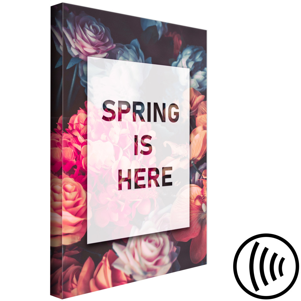 Obraz Nadeszła Wiosna - Typograficzna Kompozycja Z Napisem W Języku Angielskim Na Tle Z Różnokolorowymi Kwiatami