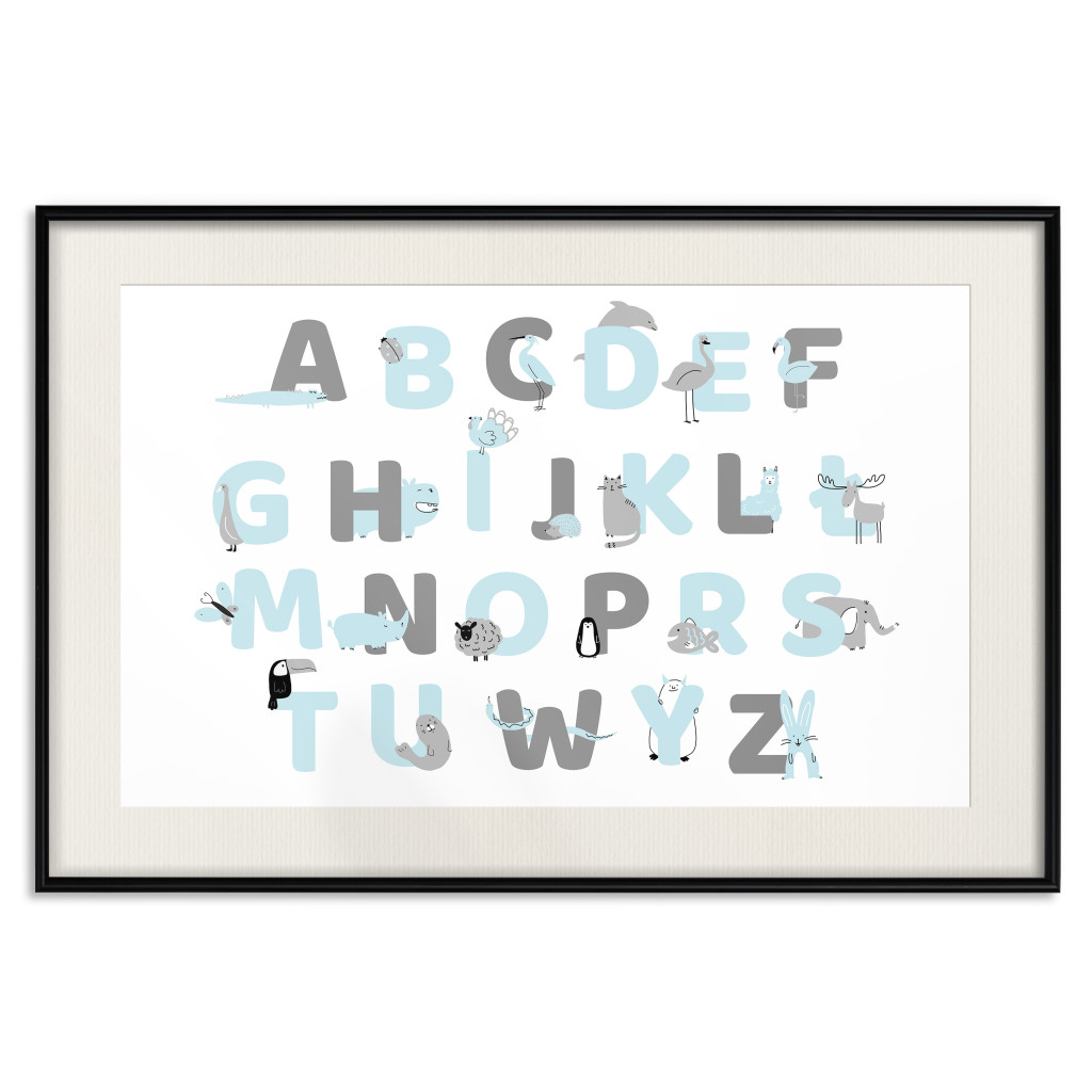 Muur Posters Polish Alphabet For Children - Gray And Blue Letters With Animals