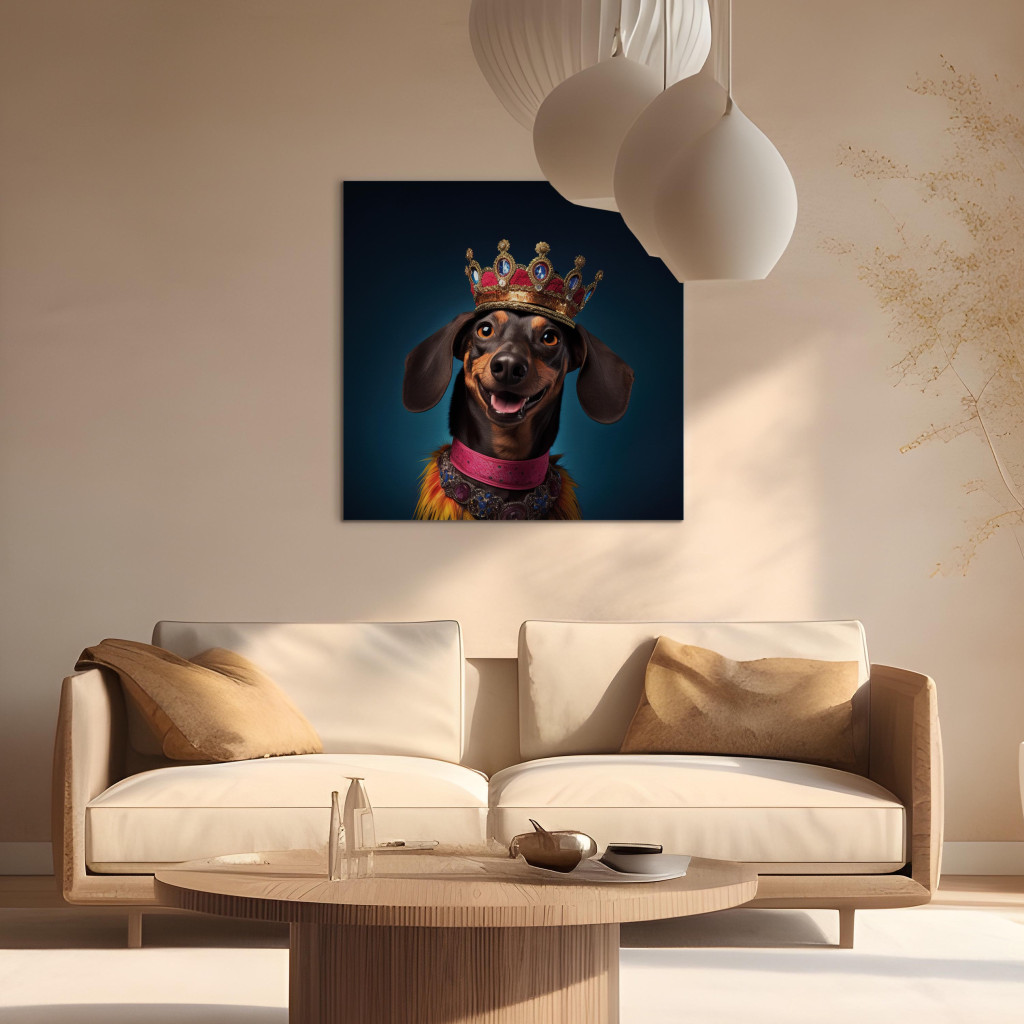 Obraz AI Pies Jamnik - Portret Uśmiechniętego Zwierzaka W Koronie - Kwadratowy