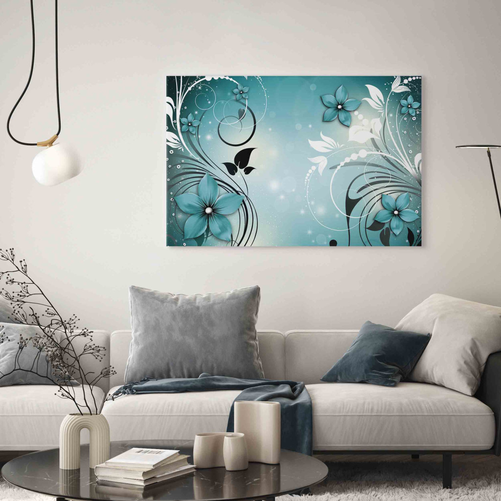Schilderij  Bloemen: Turquoise Dream - Flowers And Leaves On A Blue Background Full Of Sparkle