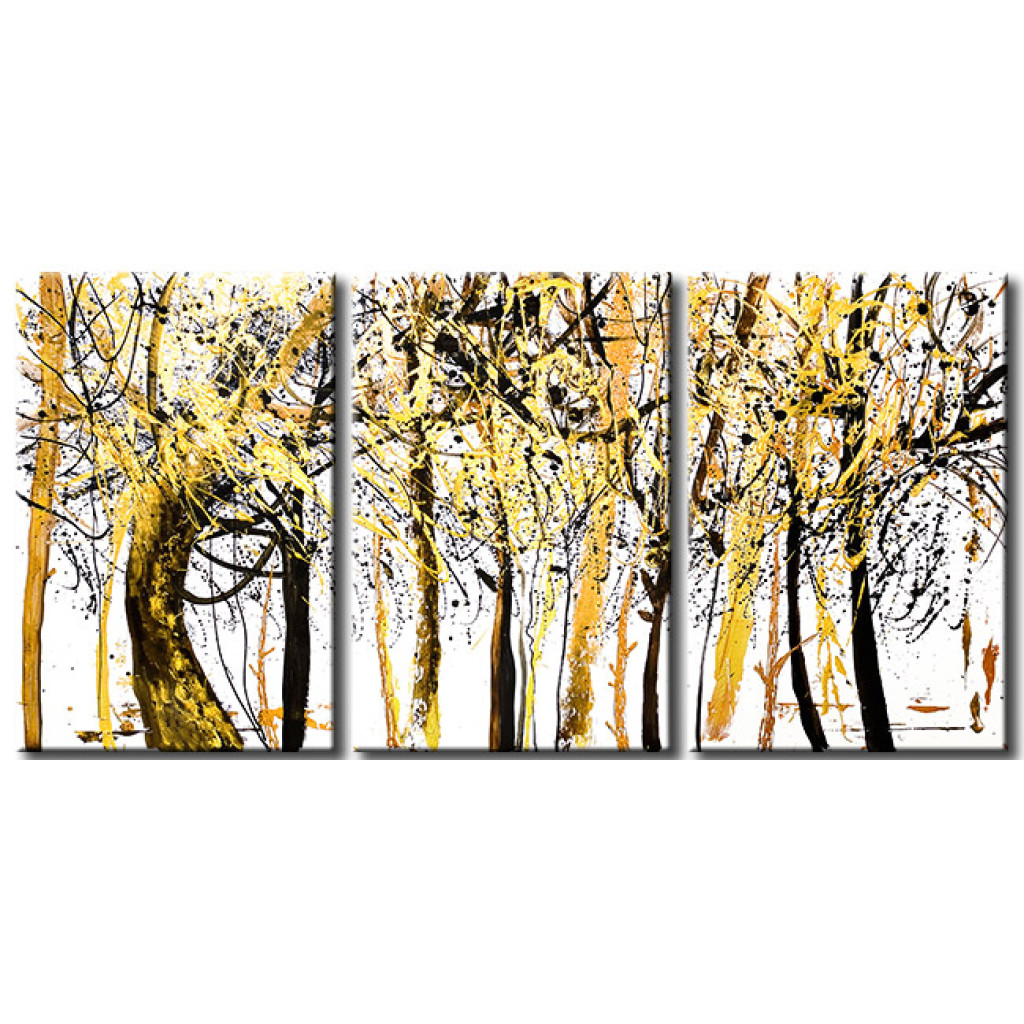 Schilderij  Bos: Witte Bos (3-delig) - Abstractie Met Gouden En Zwarte Vlekken
