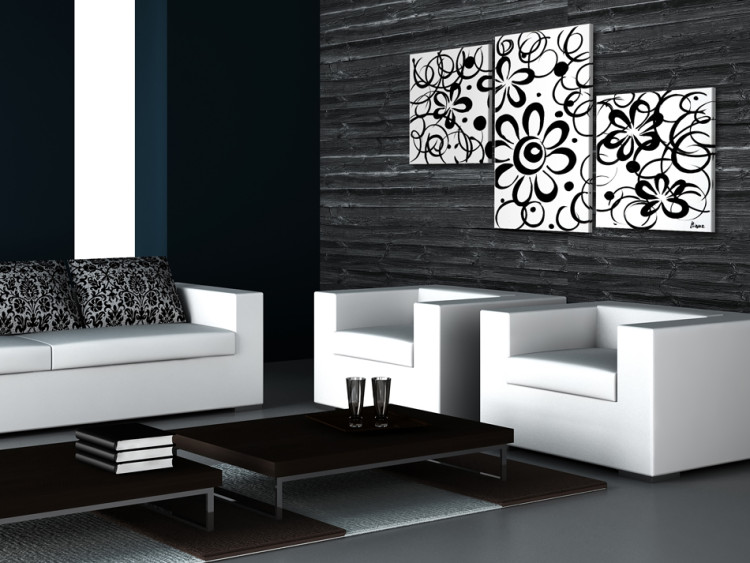 Tableau Fleurs en noir et blanc (3 pièces) - Abstraction avec un motif floral 46860 additionalImage 2
