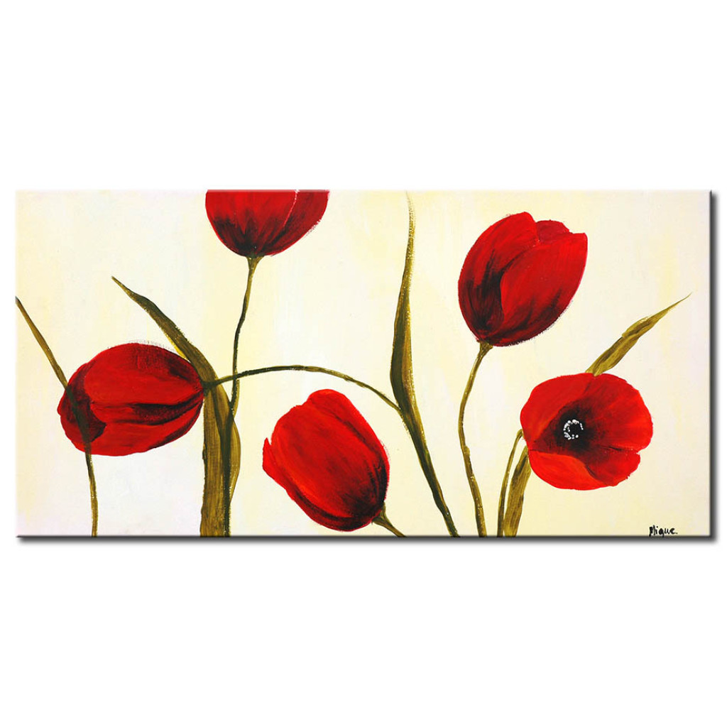 Schilderij  Tulpen: Lentetulpen (1-delig) - Rode Bloemen Op Een Crèmekleurige Achtergrond