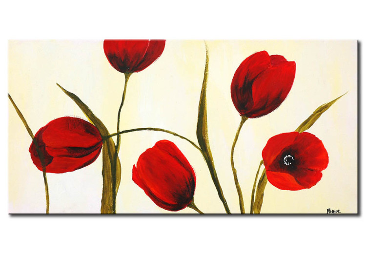 Tableau contemporain Tulipes printanières (1 pièce) - Fleurs rouges sur fond crème 48660