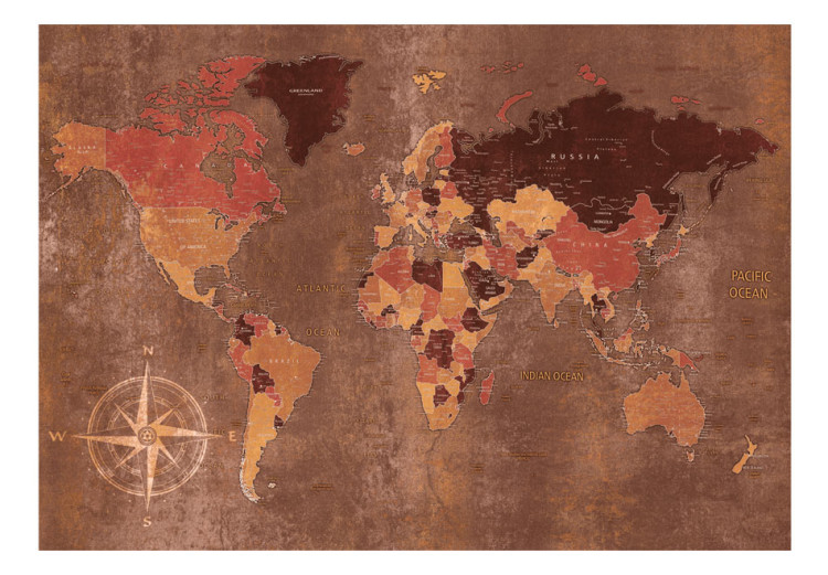 Fototapeta Świat w brązie - mapa kontynentów na niejednolitym tle z kompasem 91660 additionalImage 1