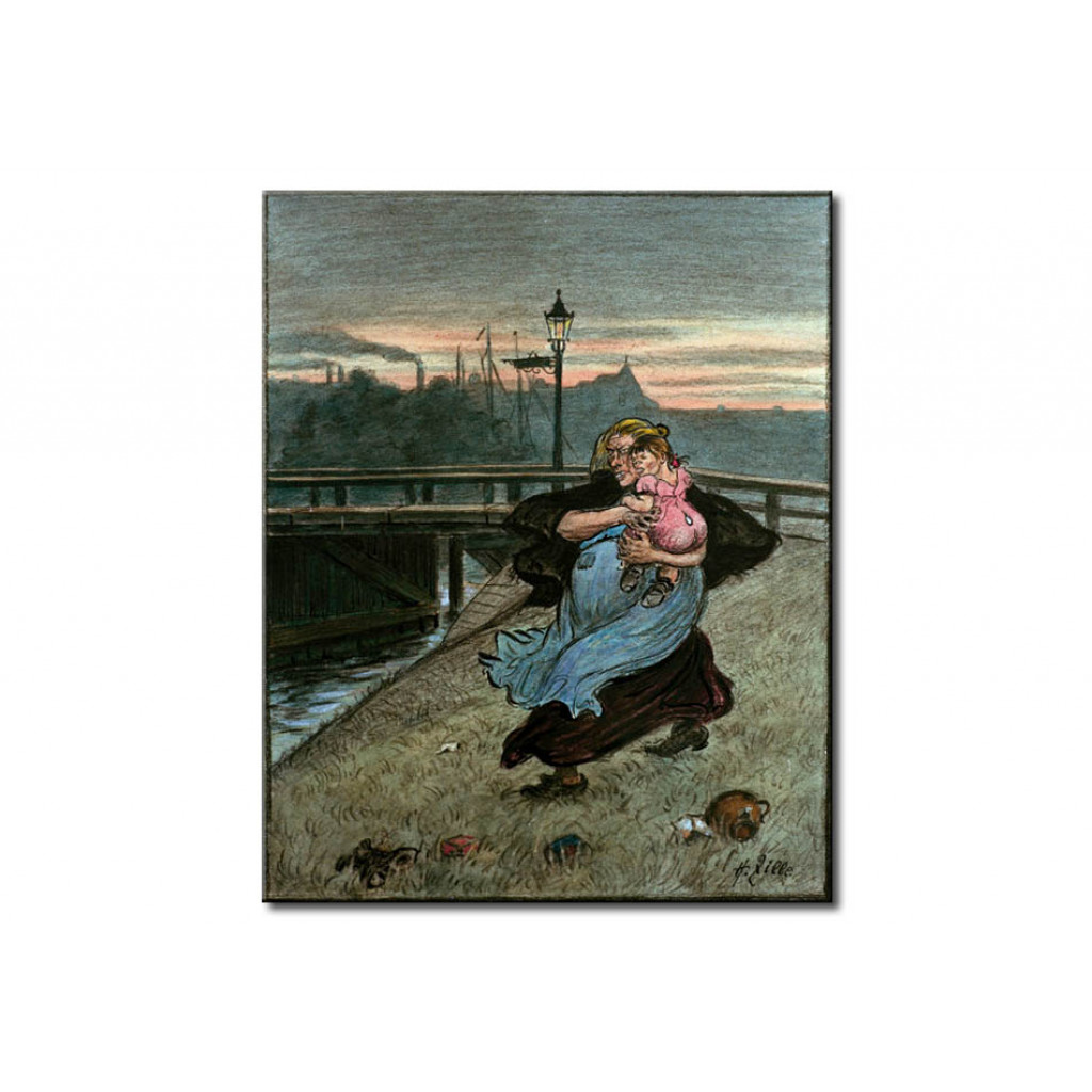 Schilderij  Heinrich Zille: Ins Wasser. Mutter, Is's Och Nich Kalt?