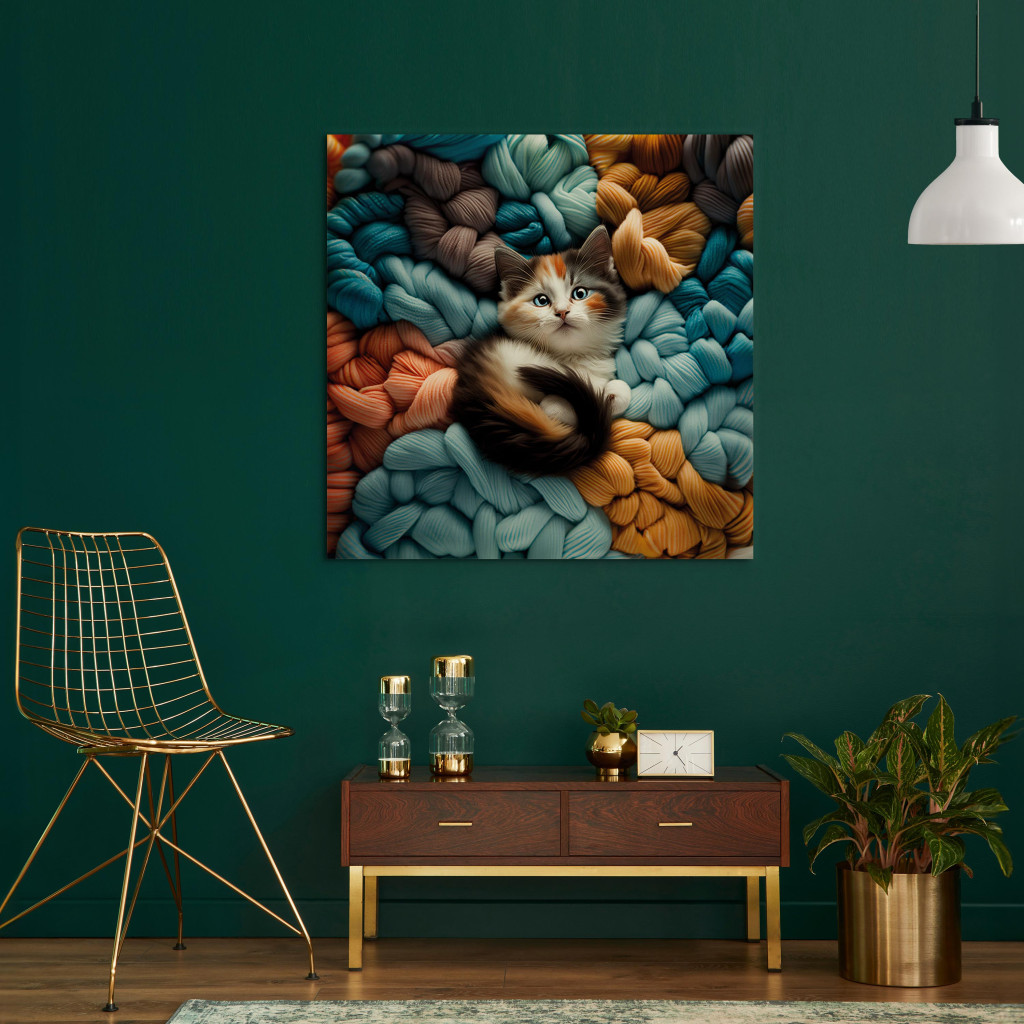 Obraz AI Calico Cat - Szylkretowy Zwierzak Odpoczywający Na Kłębach Kolorowych Włóczek - Kwadrat