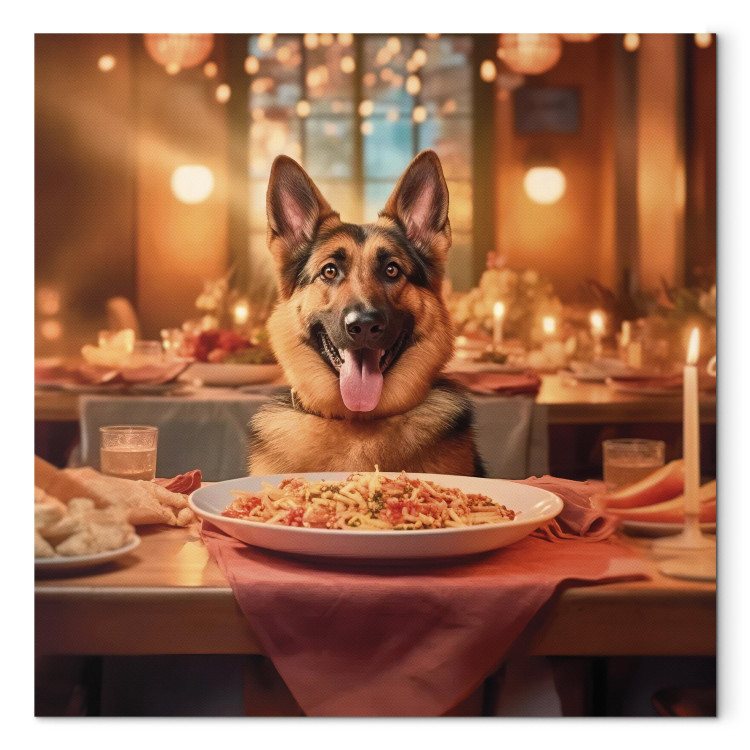 Canvastavla AI Dog German Shepherd - Animal at Dinner in Restaurant - Square