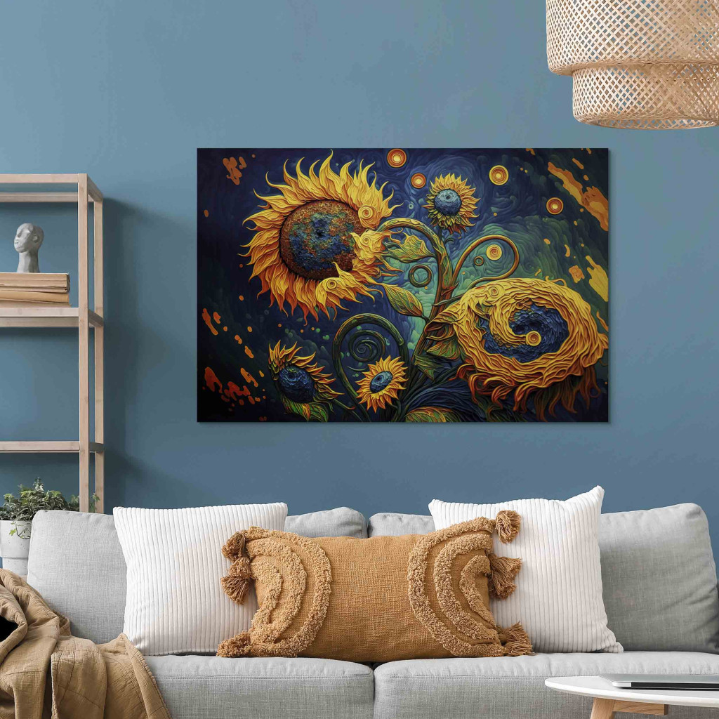 Schilderij  Zonnebloemen: Sunflowers Against The Night Sky - Composition Generated By AI
