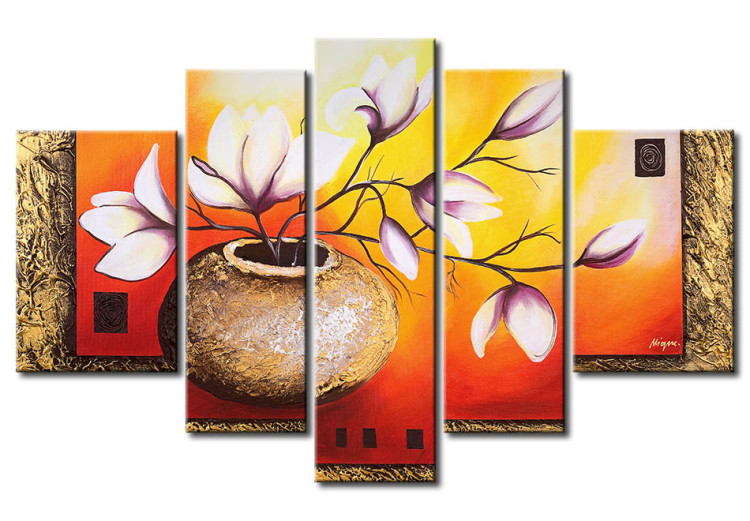 Pintura Jarro com Magnólias (5 partes) - flores delicadas em um fundo fantasioso 48470