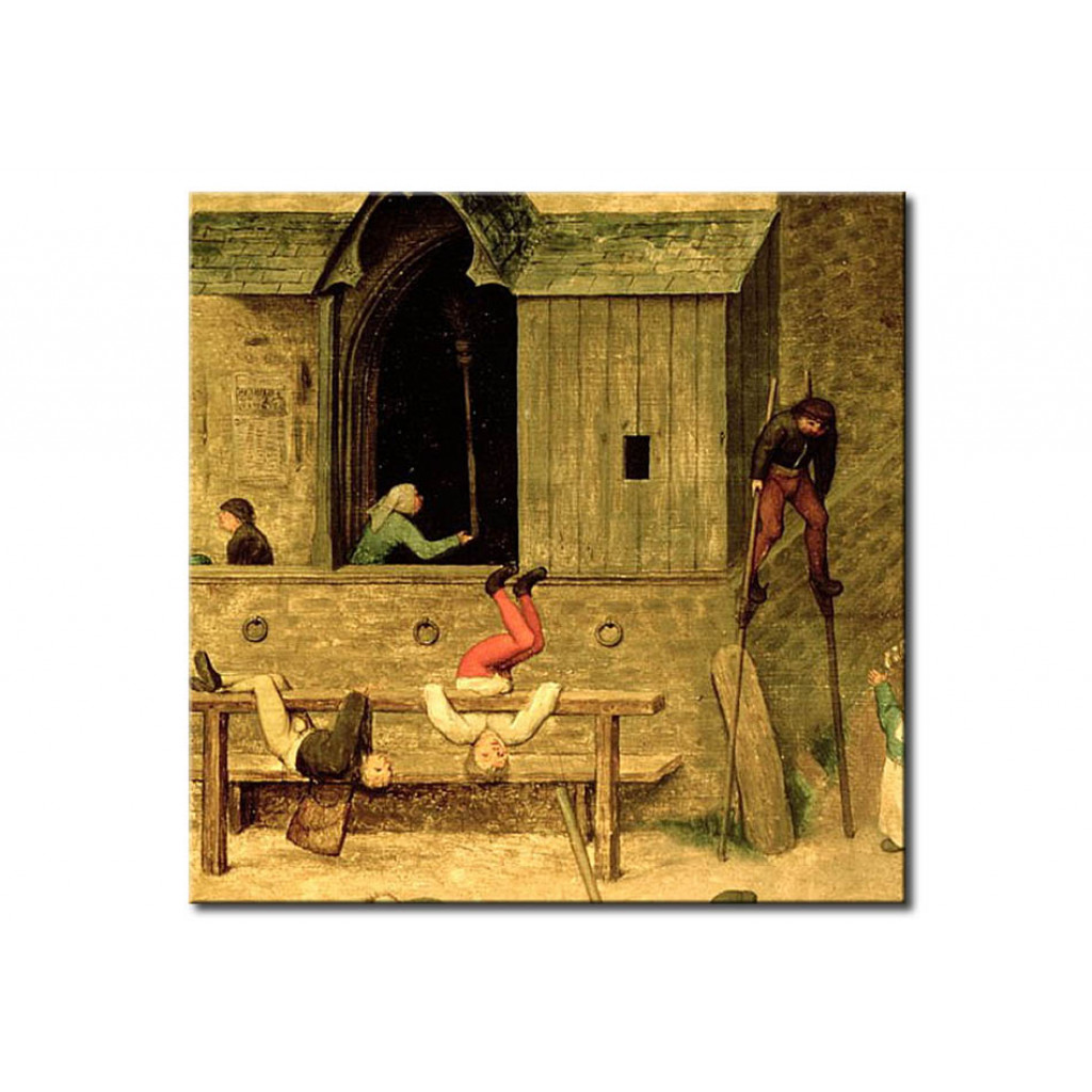Schilderij  Pieter Bruegel The Elder: Children's Games (Kinderspiele): Detail Of A Boy On Stilts And Children Playing In The Stocks