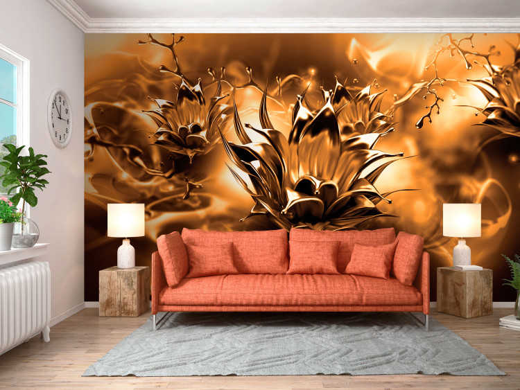 Mural de parede Flores laranjas - composição abstracta sobre fundo líquido dourado
