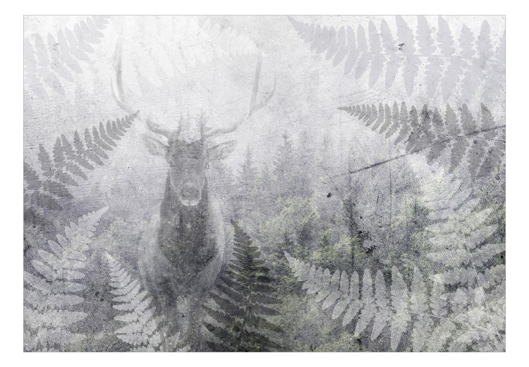Carta da parati Un cervo nella foresta - un cervo e foglie di felce su uno sfondo grigio strutturale 138380 additionalImage 1