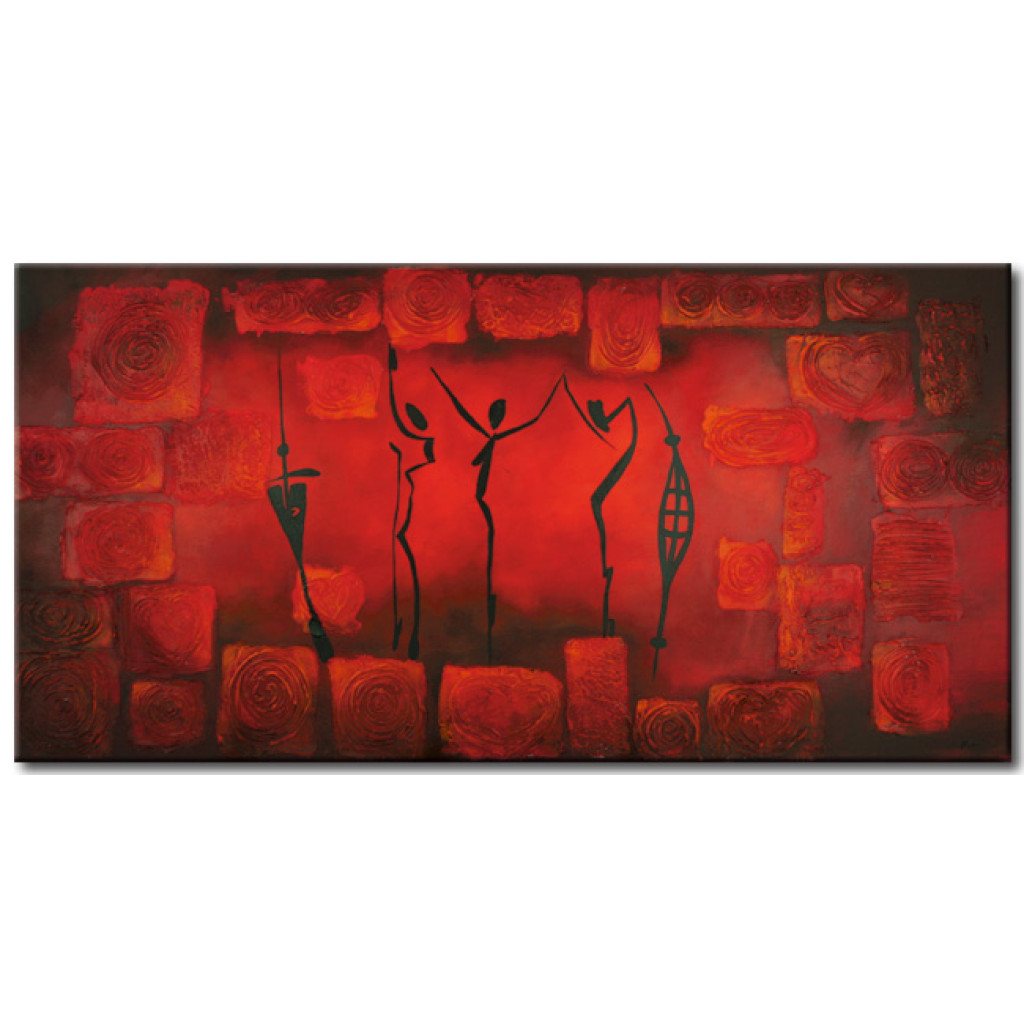 Pintura Em Tela Ritual (1 Peça) - Silhuetas Dançando Em Fundo Vermelho Com Desenhos