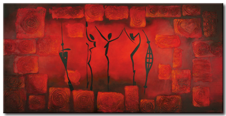 Pintura em tela Ritual (1 peça) - silhuetas dançando em fundo vermelho com desenhos 47080