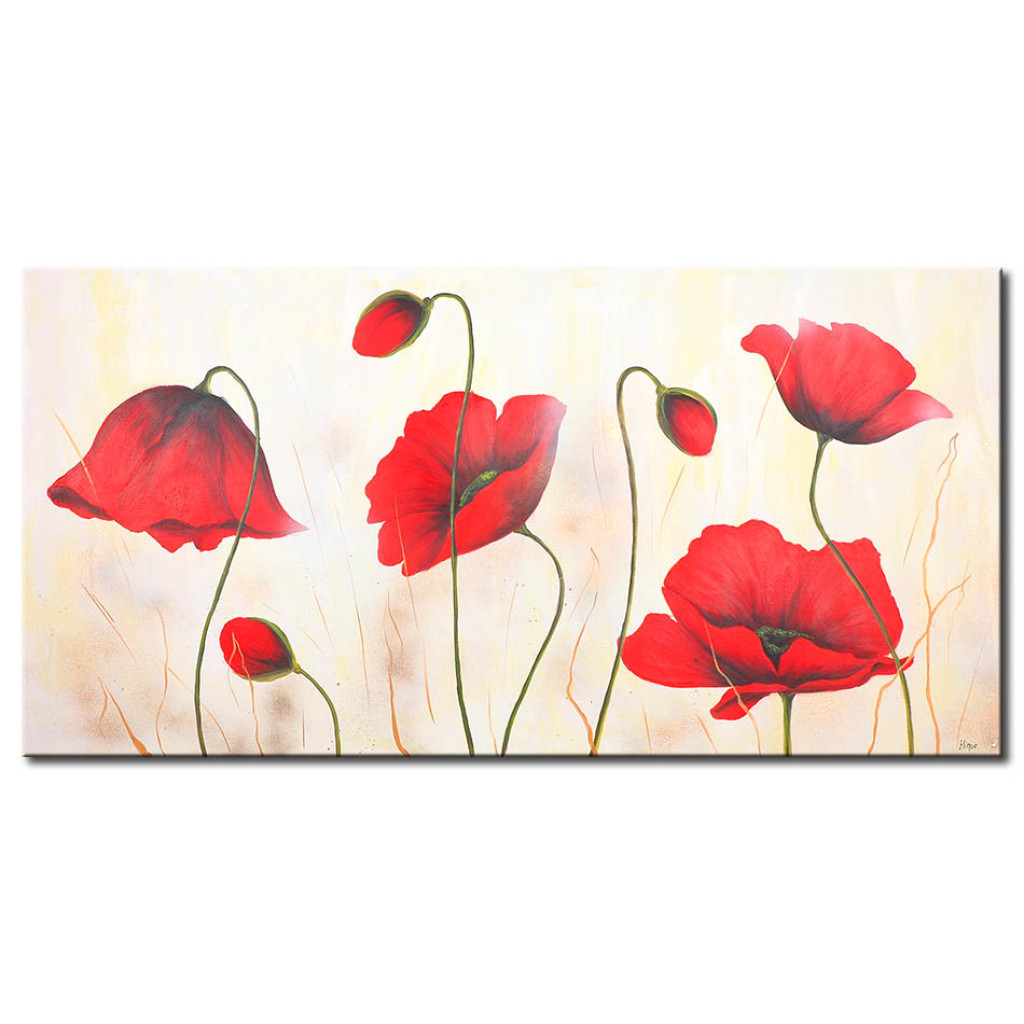 Quadro Pintado Papoilas Vermelhas Na Névoa (1 Parte) - Motivo Floral Com Flores