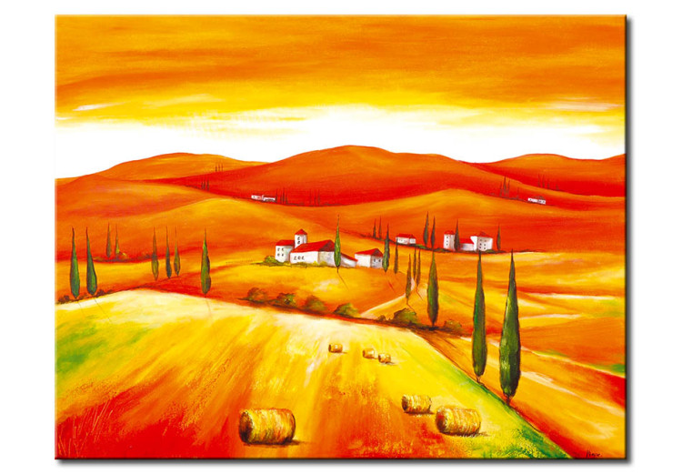 Bild auf Leinwand Toskanische Felder (1-teilig) - Landschaft mit Hügeln und Architektur 47580