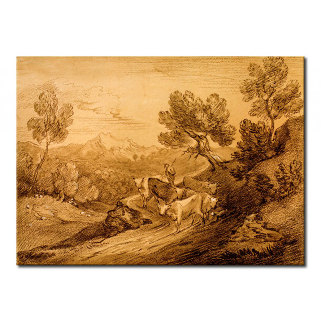 Schilderij  Thomas Gainsborough: Waldige Berggegend Mit Einem Hirten, Der Kühe Des Weges Treibt