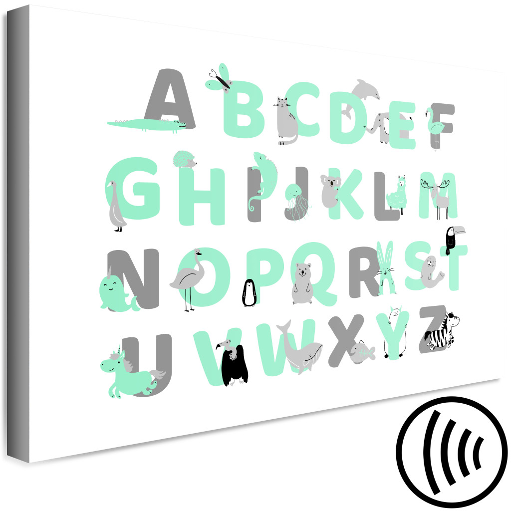 Schilderij  Voor Kinderen: English Alphabet For Children - Mint And Gray Letters With Animals
