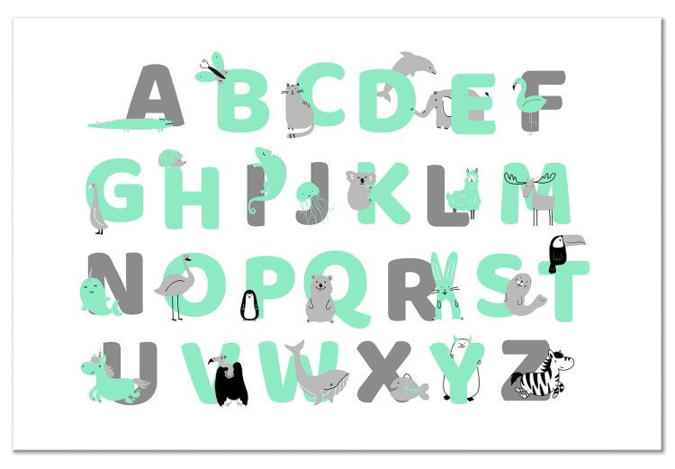 Canvas Art Print English Alphabet for Children - Mint and Gray Letters with Animals 146490