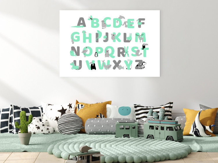 Canvas Art Print English Alphabet for Children - Mint and Gray Letters with Animals 146490 additionalImage 3