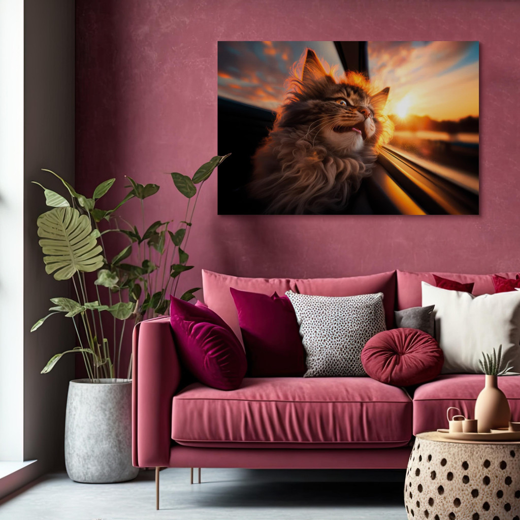 Schilderij  Katten: AI Maine Coon Cat - Animal On A Journey To The Setting Sun - Horizontal