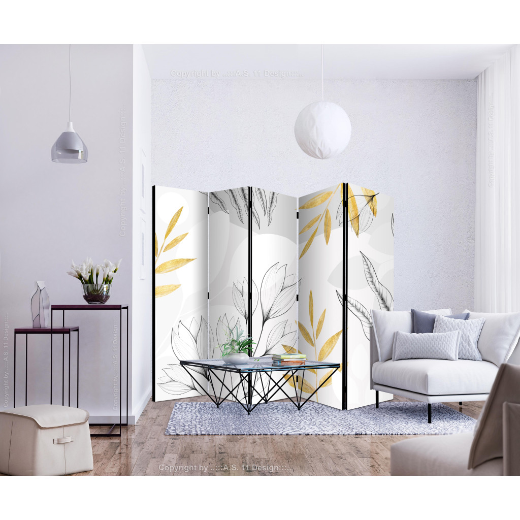 Biombo Decorativo Spring Abstraction - Leaves And Flowers With Gold Elements II [Room Dividers]