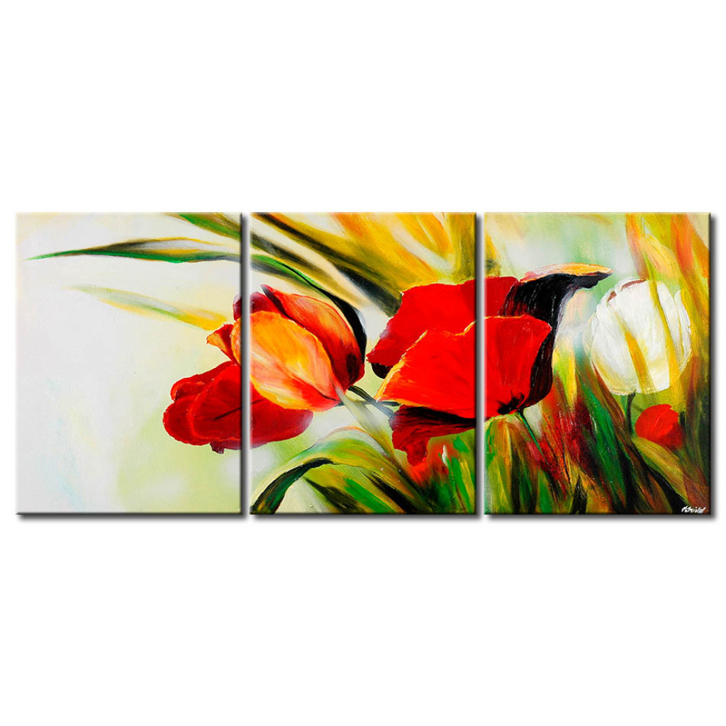 Målning Gömda (3-del) - Natur Med Röda Blommor På Ljus Bakgrund