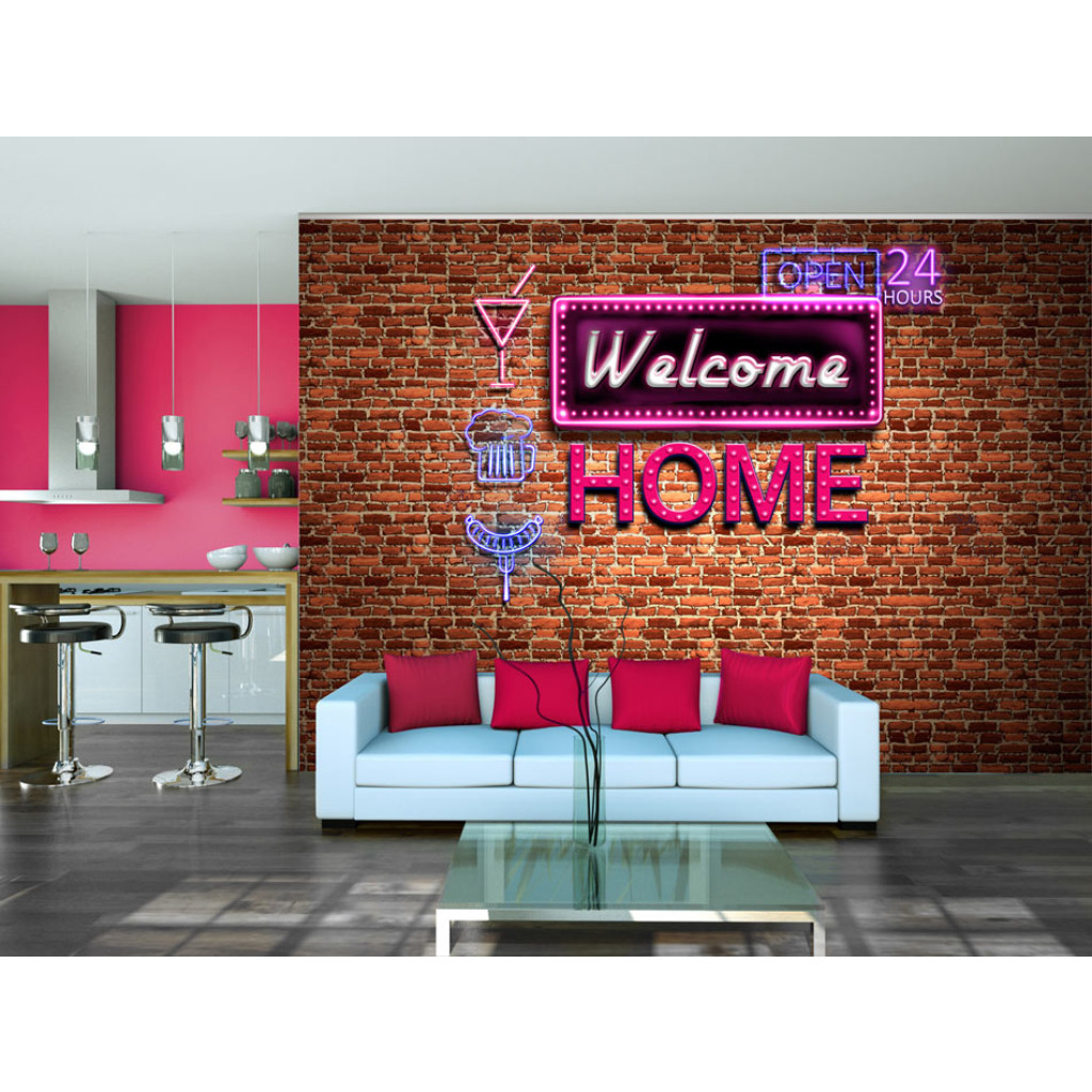 Fototapeta Welcome Home - Napis W Stylu Neonowym Z Ikonami W Różowych Kolorach