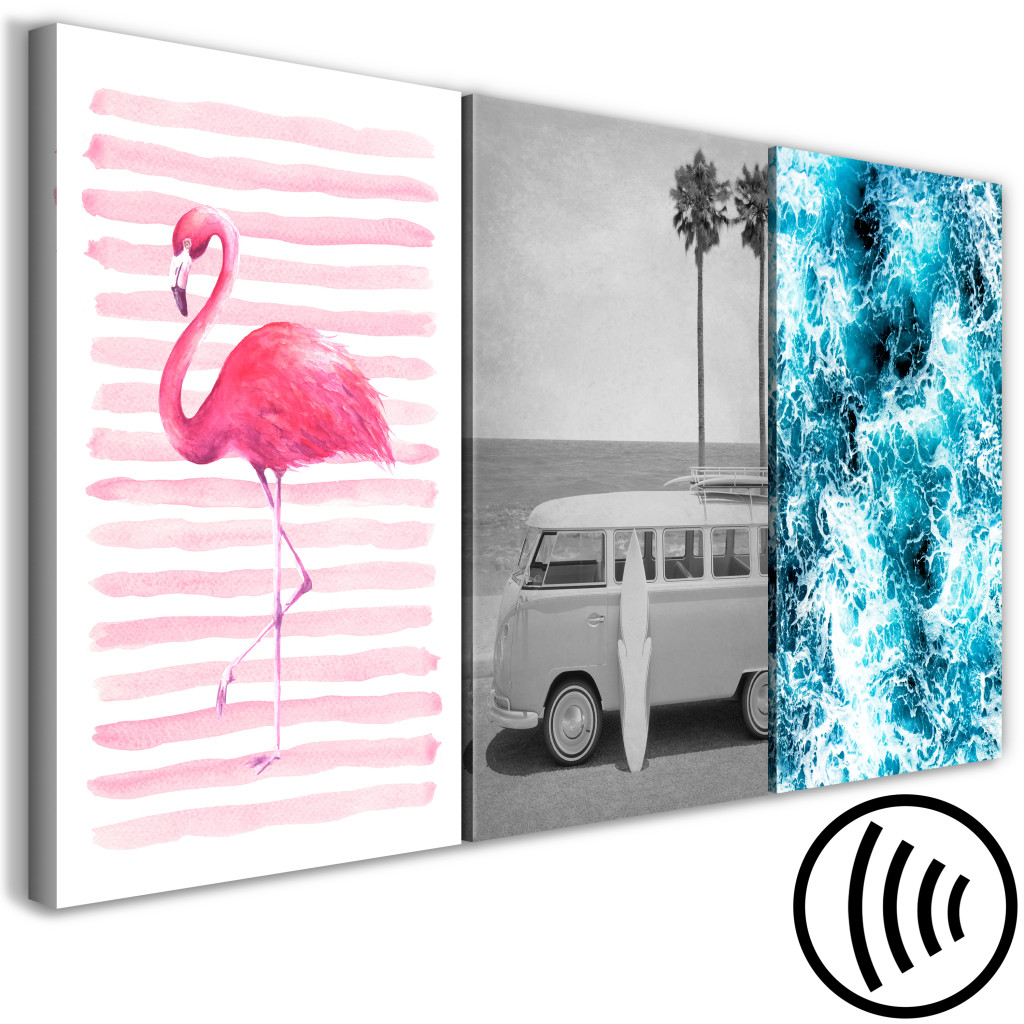 Schilderij  Zee: Miami-symbolen - Flamingo, Oude Auto - Busje, Surfplank En Oceaan