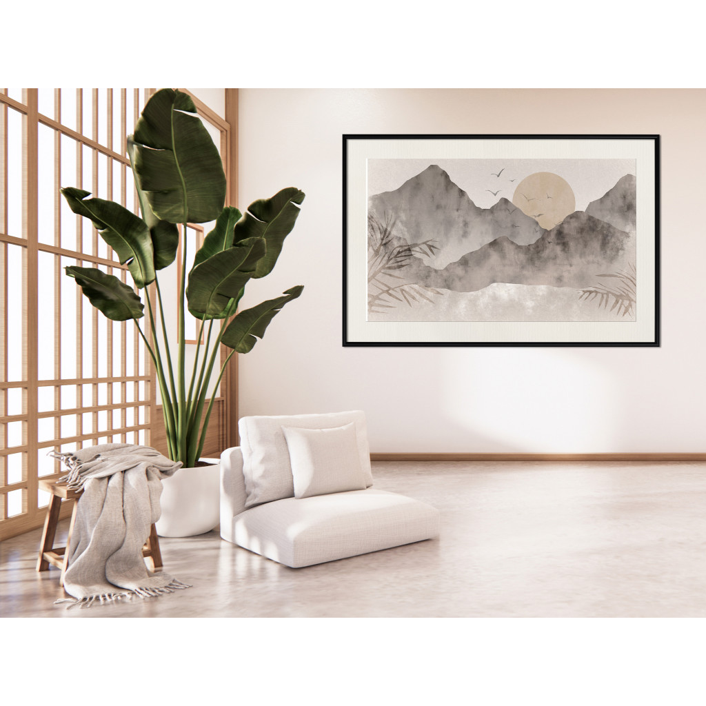 Plakat: Pejzaż Wabi-sabi - Wschód Słońca I Skaliste Gór W Japońskim Stylu