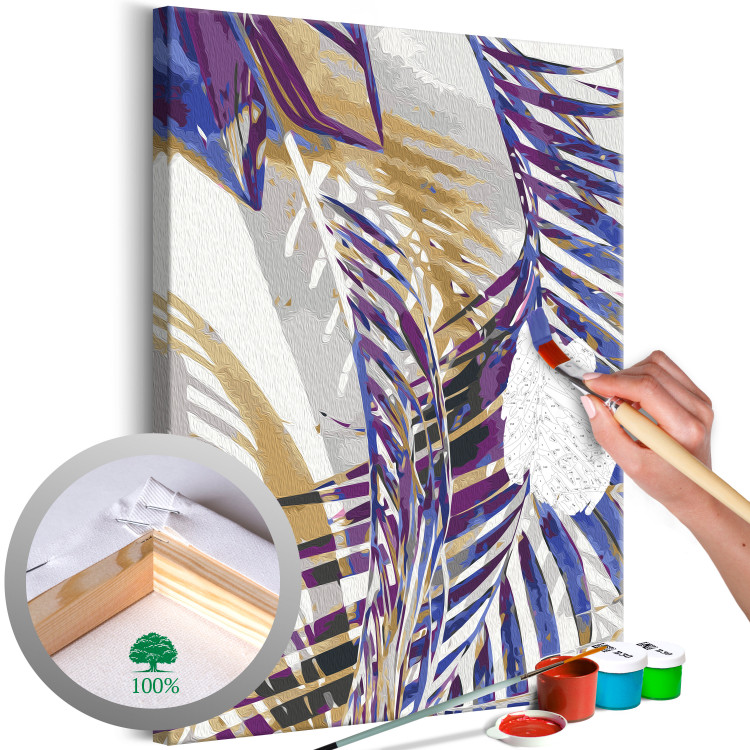 Obraz do malowania po numerach Wietrzny poranek - delikatne fioletowe gałązki palmy na szarym tle 146201