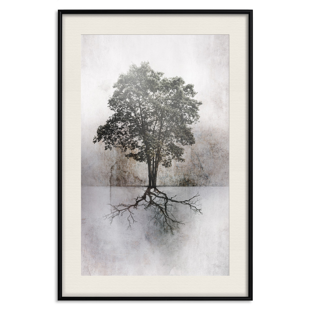 Plakat: Pejzaż - Drzewo Z Rozległymi Korzeniami Na Brązowo-białym Tle