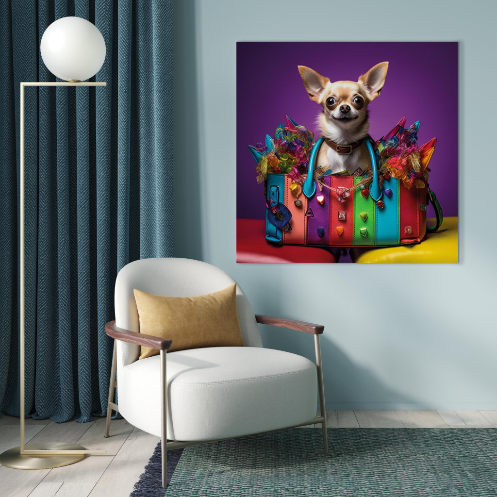 Obraz AI Pies Chihuahua - Malutki Zwierzak W Kolorowej Torebce - Kwadratowy