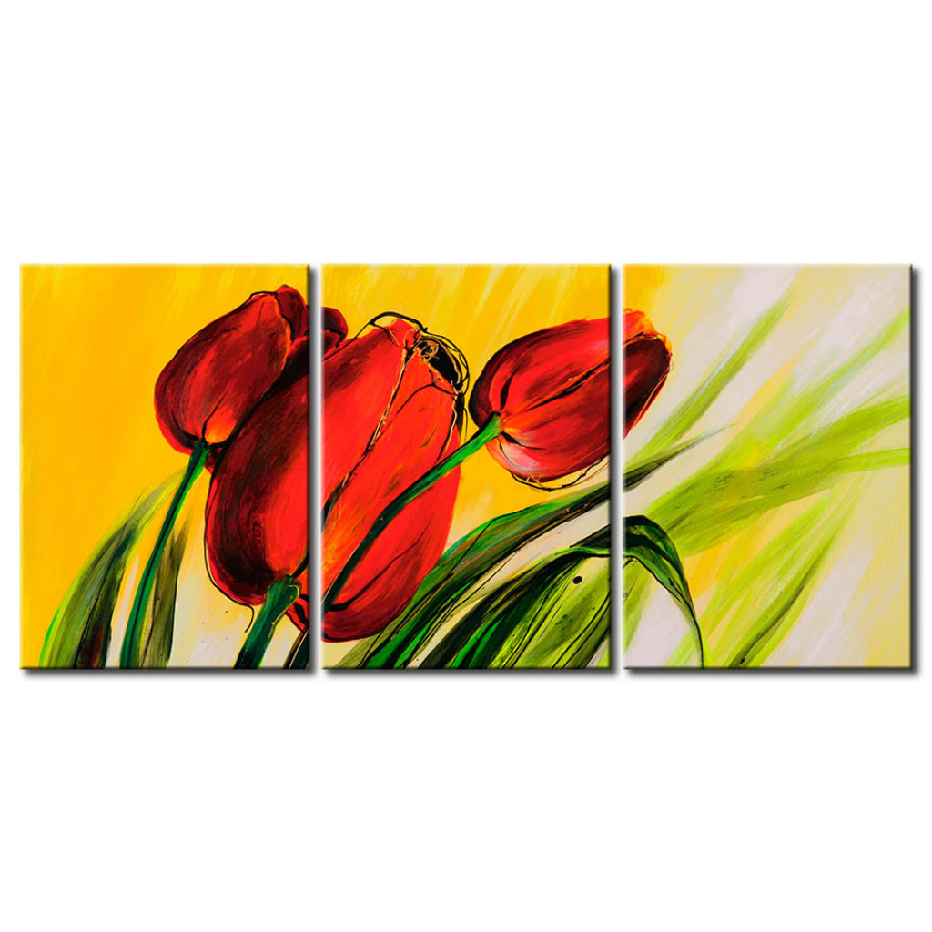 Schilderij  Tulpen: Tulpen In De Lentewind (3-delig) - Motief Van Rode Bloemen