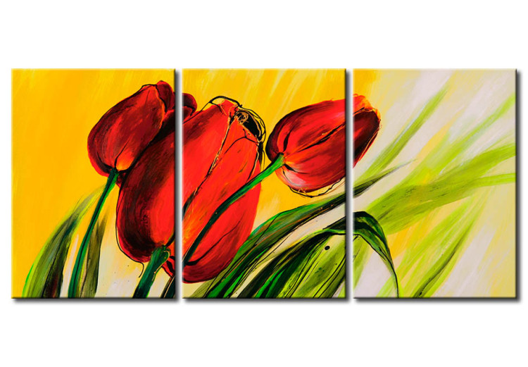 Cuadro decorativo Tulipanes en viento primaveral (3 piezas) - motivo de flores rojas 47401