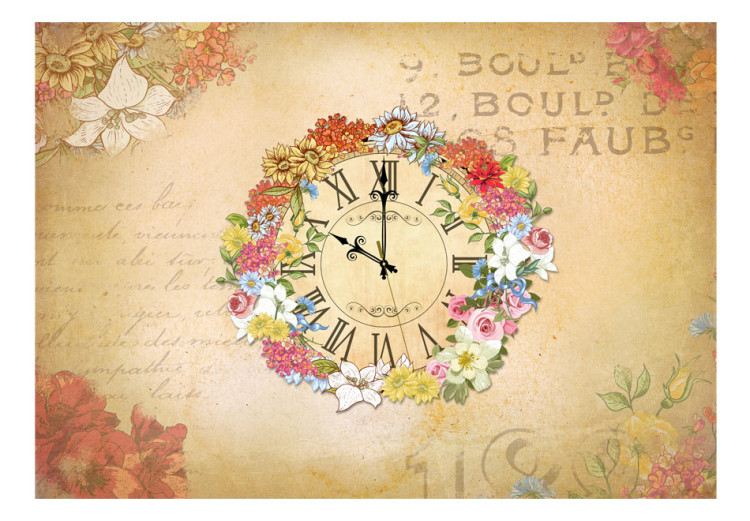 Wall Mural Spring Blossom - Clock surrounded by colorful flowers in a retro style 61101 additionalImage 1