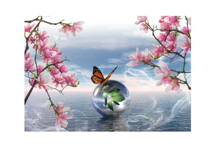 Fototapeta Fantazja z motylem - tło z motylem na kuli na tle morza i magnolią 61301 additionalImage 1