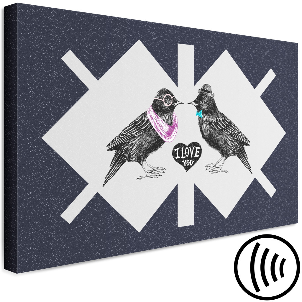 Canvastavla Kärleksfåglar - Eleganta Svarta Fåglar På Geometrisk Bakgrund