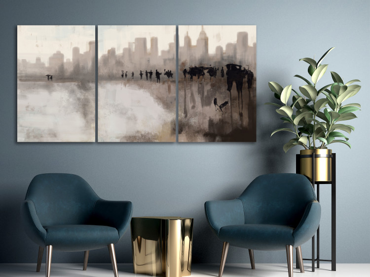 Canvas Urban downpour - triptych with blurred city landscape during rain 132211 additionalImage 3