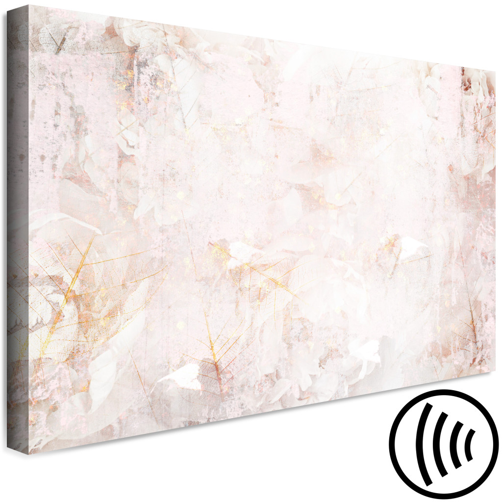 Schilderij  Abstract: Romige Mist - Abstractie Van Wazig Roze En Wit Met Elementen Van Goud