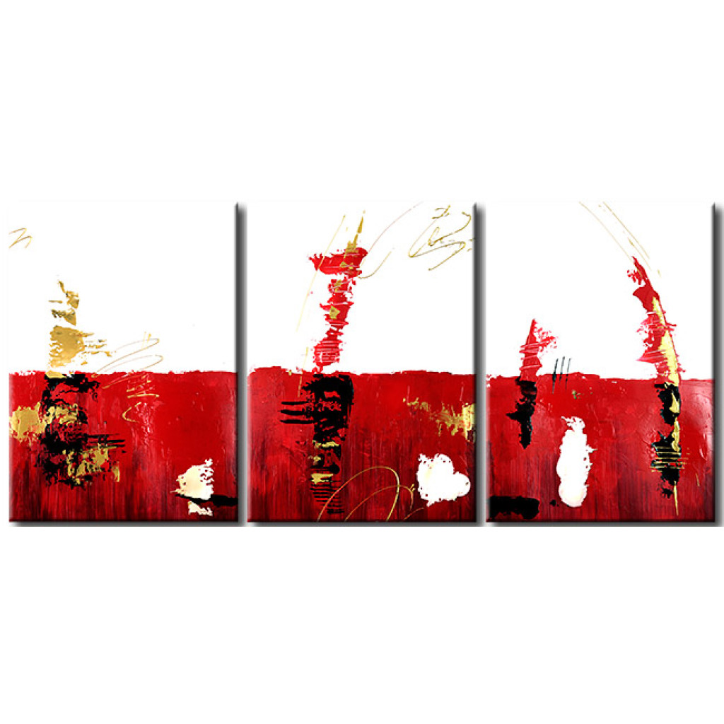 Schilderij  Gekleurde: Gouden Accenten (3-delig) - Abstract Rood-witte Compositie