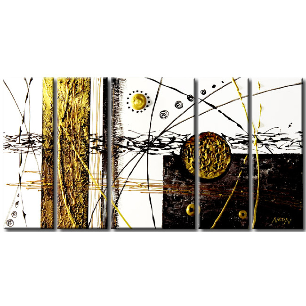 Schilderij  Abstract: Wilde Beweging (5-delig) - Zwart-witte Abstractie Met Gouden Patroon