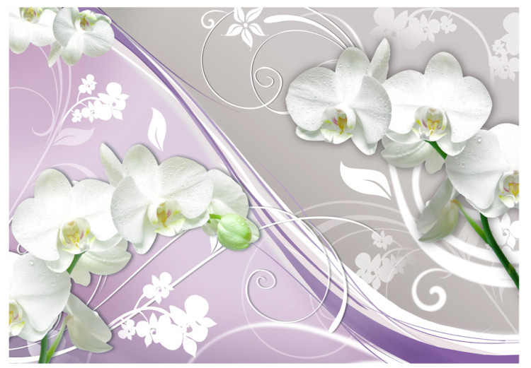 Wall Mural White Orchids - Floral Motif on a Gray Background with Violet Elements 60311 additionalImage 1