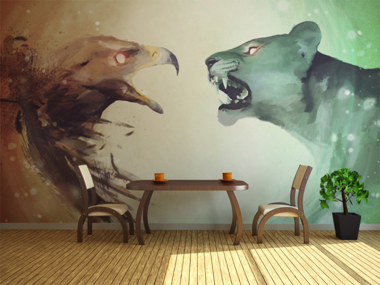 Wall Mural Animal Duel - Abstraction of a fierce eagle and a blue lioness 61311